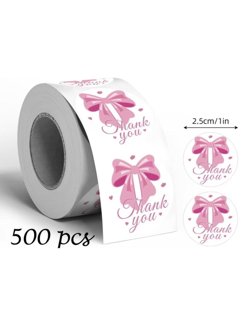 500 Pink Bow “Thank You” Stickers - 1 Inch Round Gift Packaging Labels